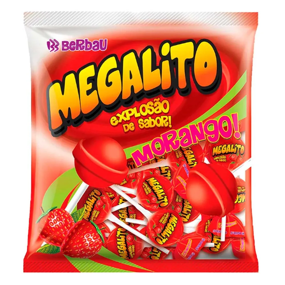 Pirulito Megalito Morango Pcte 1Kg Berbau