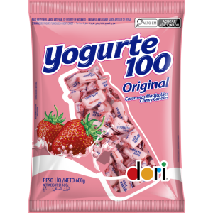 Pacote de Bala Yogurte 100 Original de 600g da marca Dori, sabor iogurte de morango.